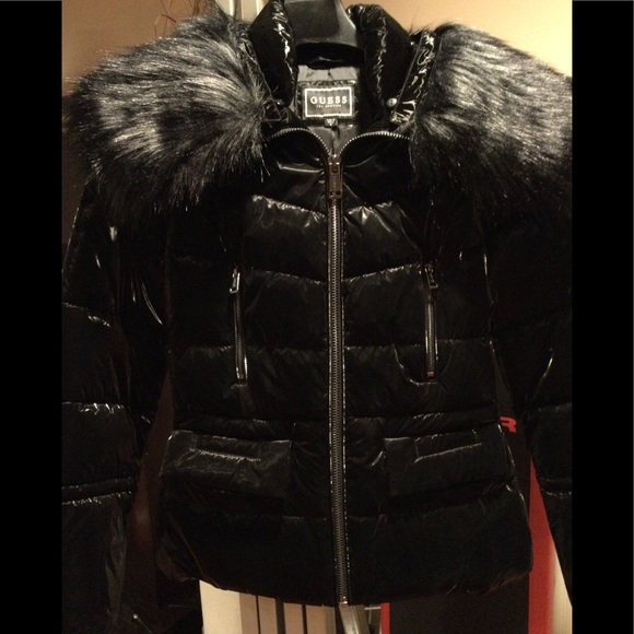 Guess Shiny Puffer Jacket Fur Collar Black S - Picture 13 of 14
